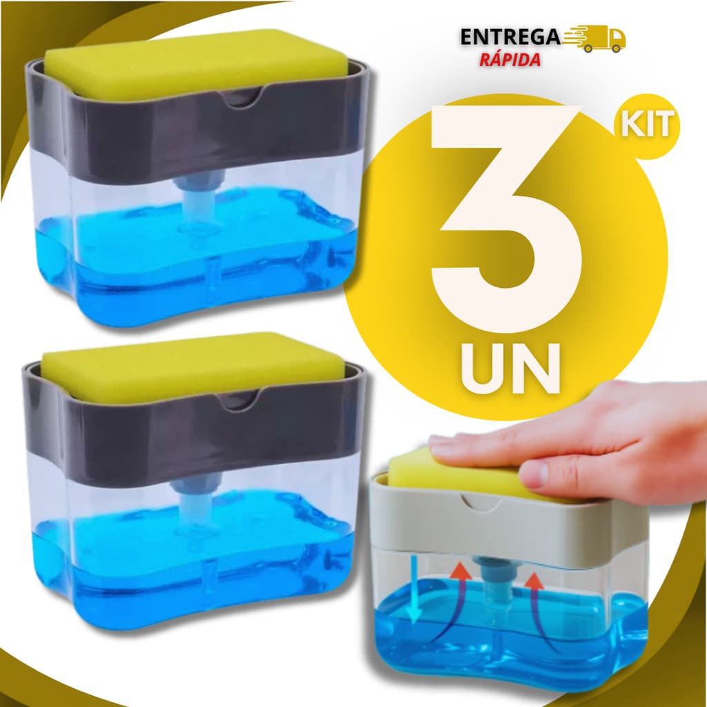 Dispenser  Detergente e Sabão Líquido com Suporte para Esponja Cozinha Compacto Pressão Automática