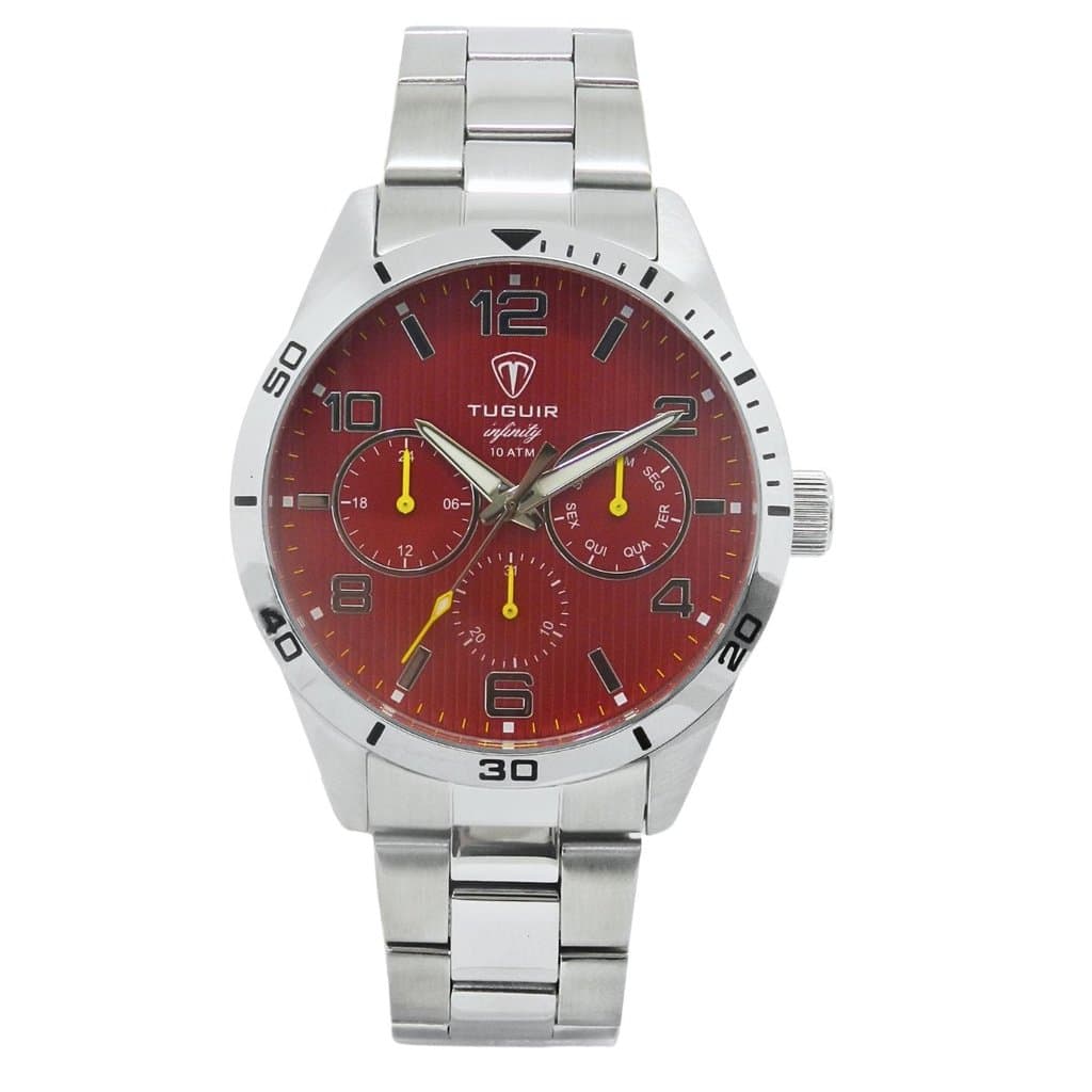 Relógio Masculino de Aço MultiFunção Tuguir Analógico Infinity TGI37057 Prata Vermelho 5ATM LUXUOSO