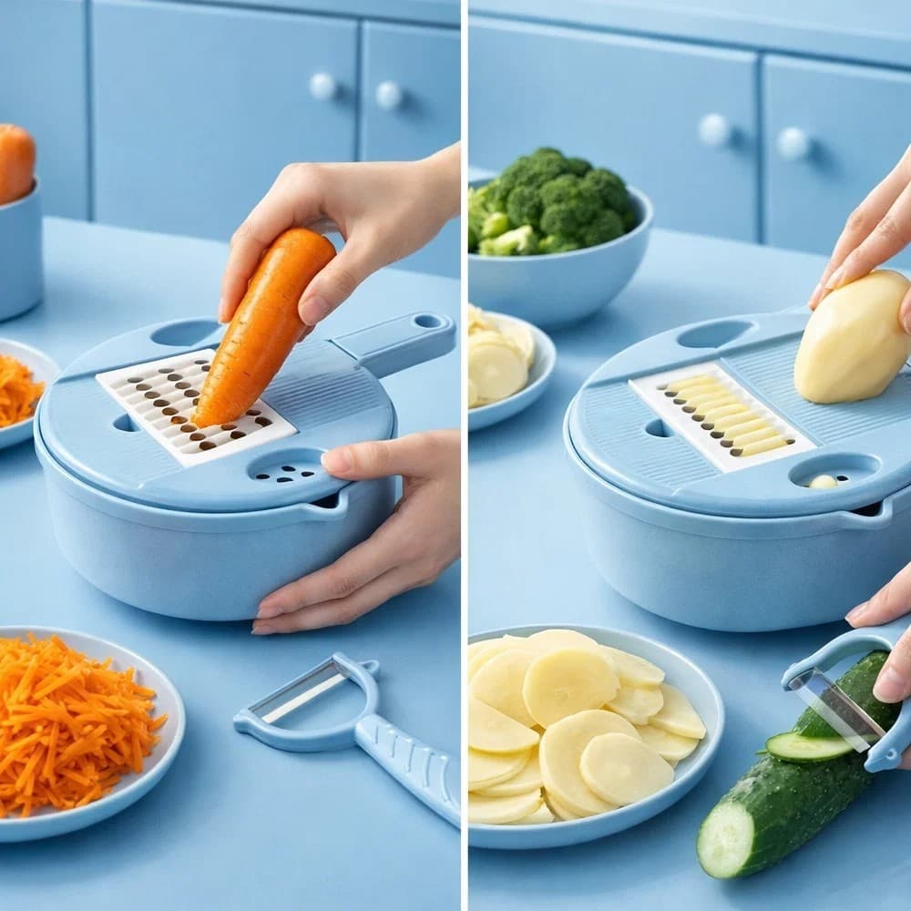 Kit Ralador 12 Peças Fatiador Legumes Frutas Vegetais Mandoline Descascador Cortador Lâminas Inox