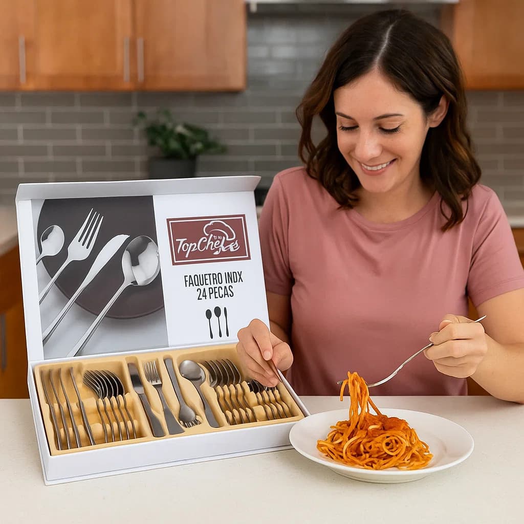 Faqueiro Inox 24 Pecas Garfo Faca Colher Jantar Mesa Posta Cozinha Presente Resistente Brilho