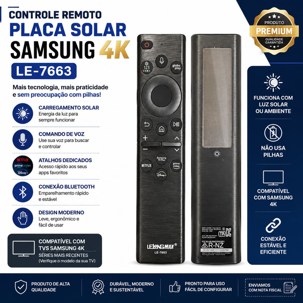 Controle Remoto Solar Samsung 4K Smart TV Bluetooth Voz LE-7663 Sem Pilhas Premium