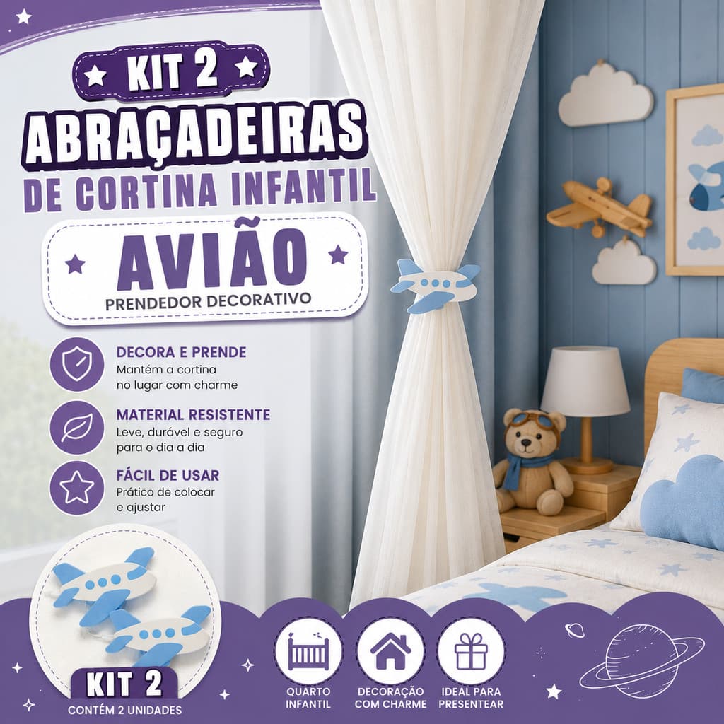 Kit 2 Abraçadeiras de Cortina Infantil Avião Prendedor Decorativo Quarto Bebê Criança