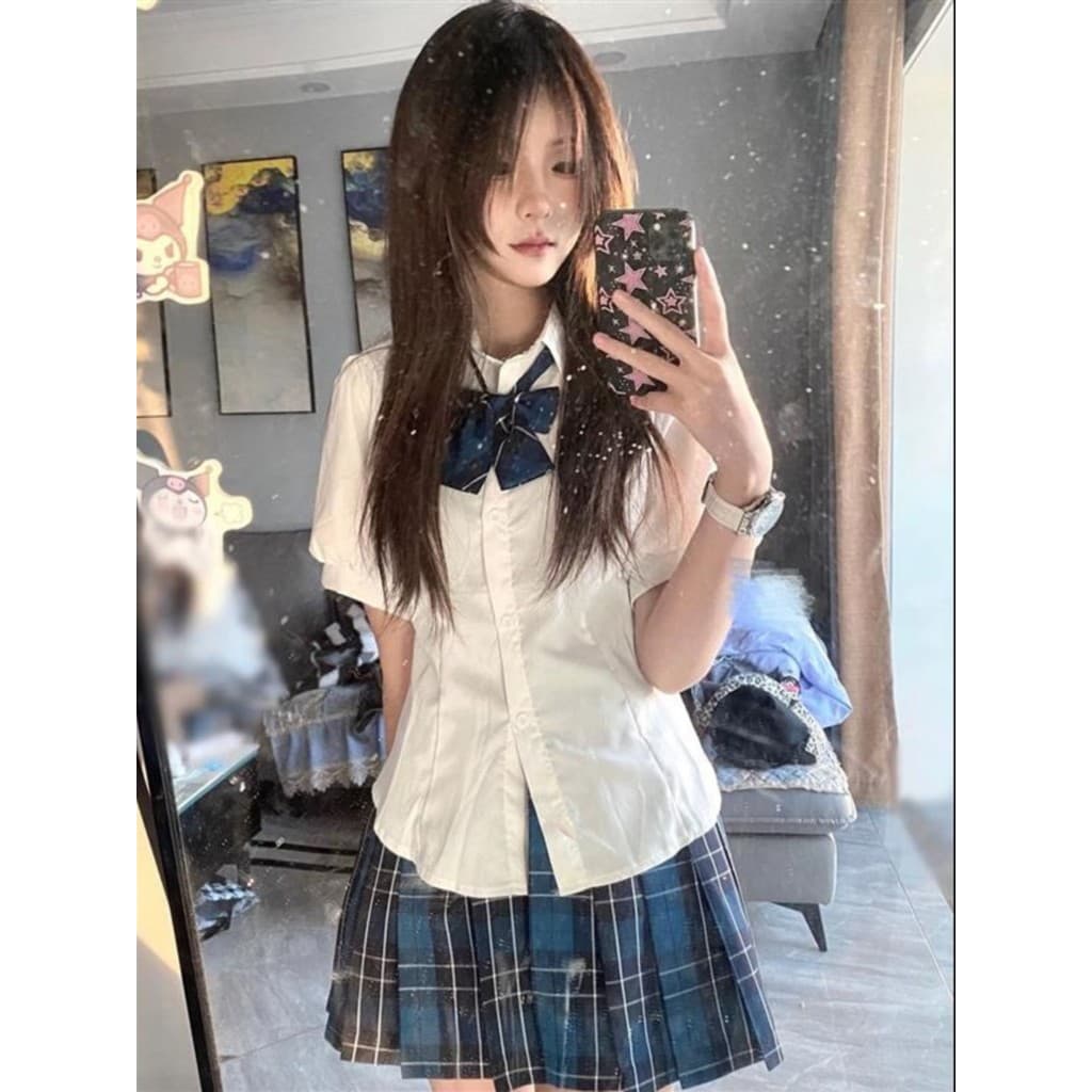 Jk uniforme Original estilo Preppy japonês terno camisa genuína saia plissada cintura estreita manga Puff magro-ajuste c