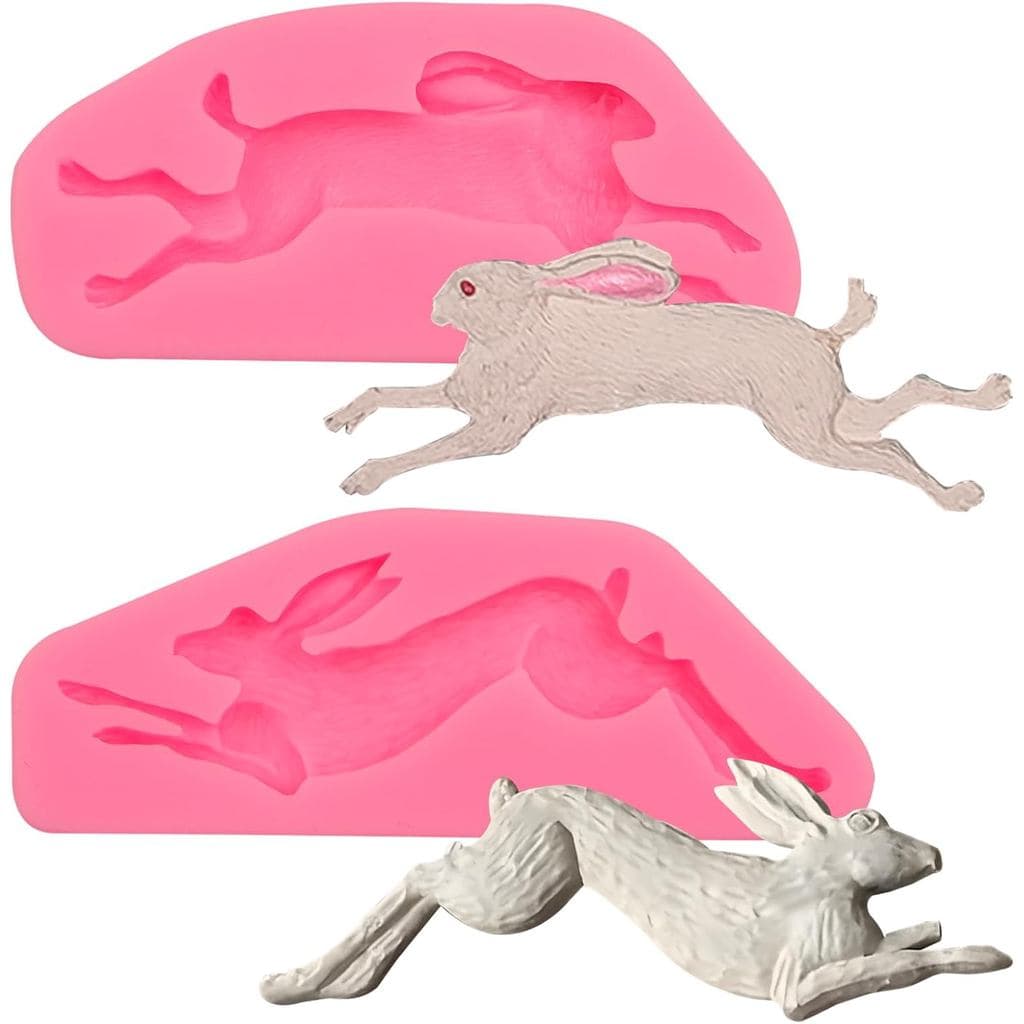 Jumping Rabbit Silicone Mold, 3D Easter Bunny Fondant Molds for Cake Decorating, Pink, Set of 2