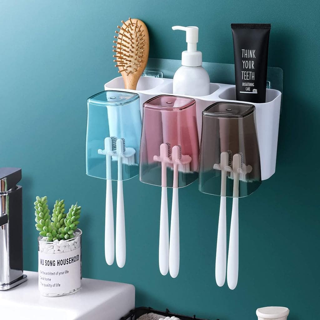 Goowin Toothbrush Holder for Bathroom, Eco-Friendly Mighty Large Capacity Toothbrush Holder Wall Mounted with 3 Square C
