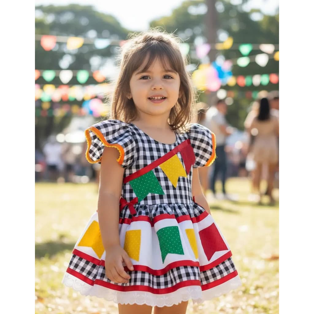 Vestido de festa junina com bandeiras colorida no xadrez preto | Festa junina | festa de são Joao