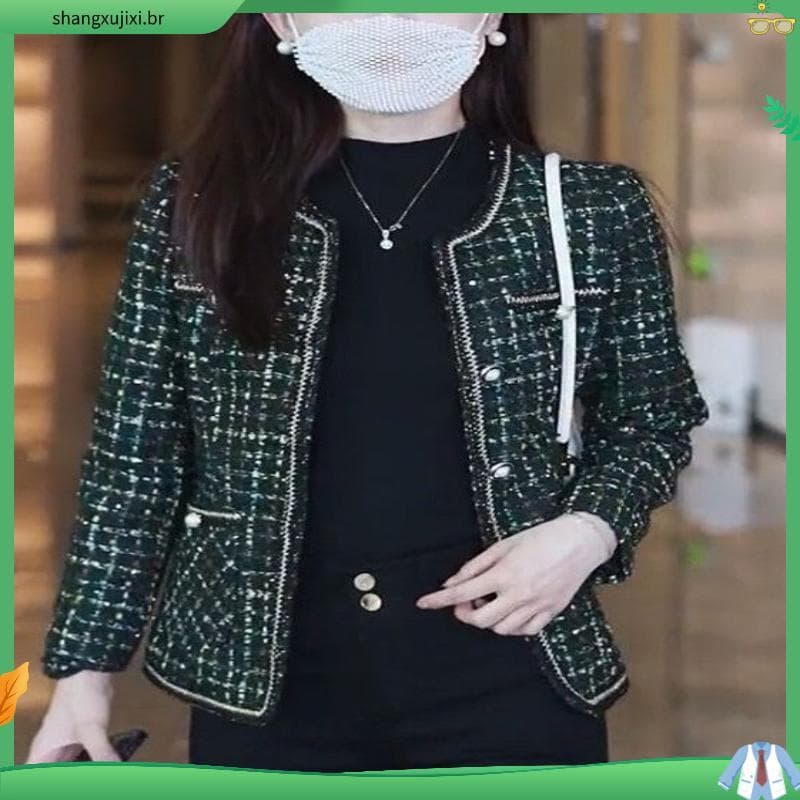 Women Polyester Jacket Spring Autumn Winter for Women’s Tweed Cropped Blazer Long Sleeve Double Breasted Button Down C