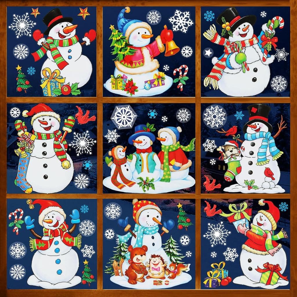 6 Folhas de Adesivos de Natal para Janelas, Decorações de Boneco de Neve e Floco de Neve em Dupla Face para Janelas de V