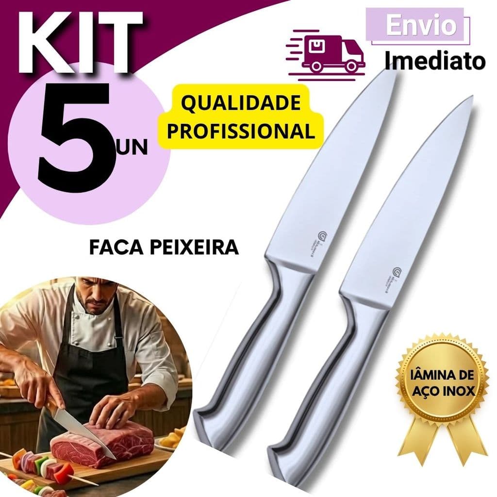 Faca Peixeira Inox Corte Preciso Pesca Camping e Churrasco Kit  5, 3, 2 ou 1 Unidade Corte Preciso Cozinha e Churrasco