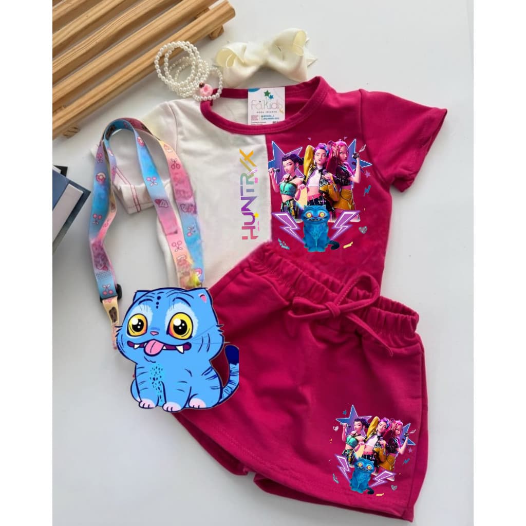 CONJUNTO INFANTIL TENDENCIA MENINA DEMON HUNTRIiX GUERREIRAS DO KPOP BLUSA + SHORT SAIA