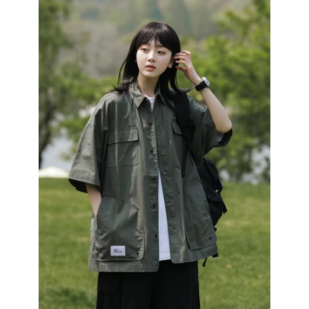 Verde do exército macacão de manga curta camisa das mulheres dos homens verão barroco camisa casual Puffian bonito manga