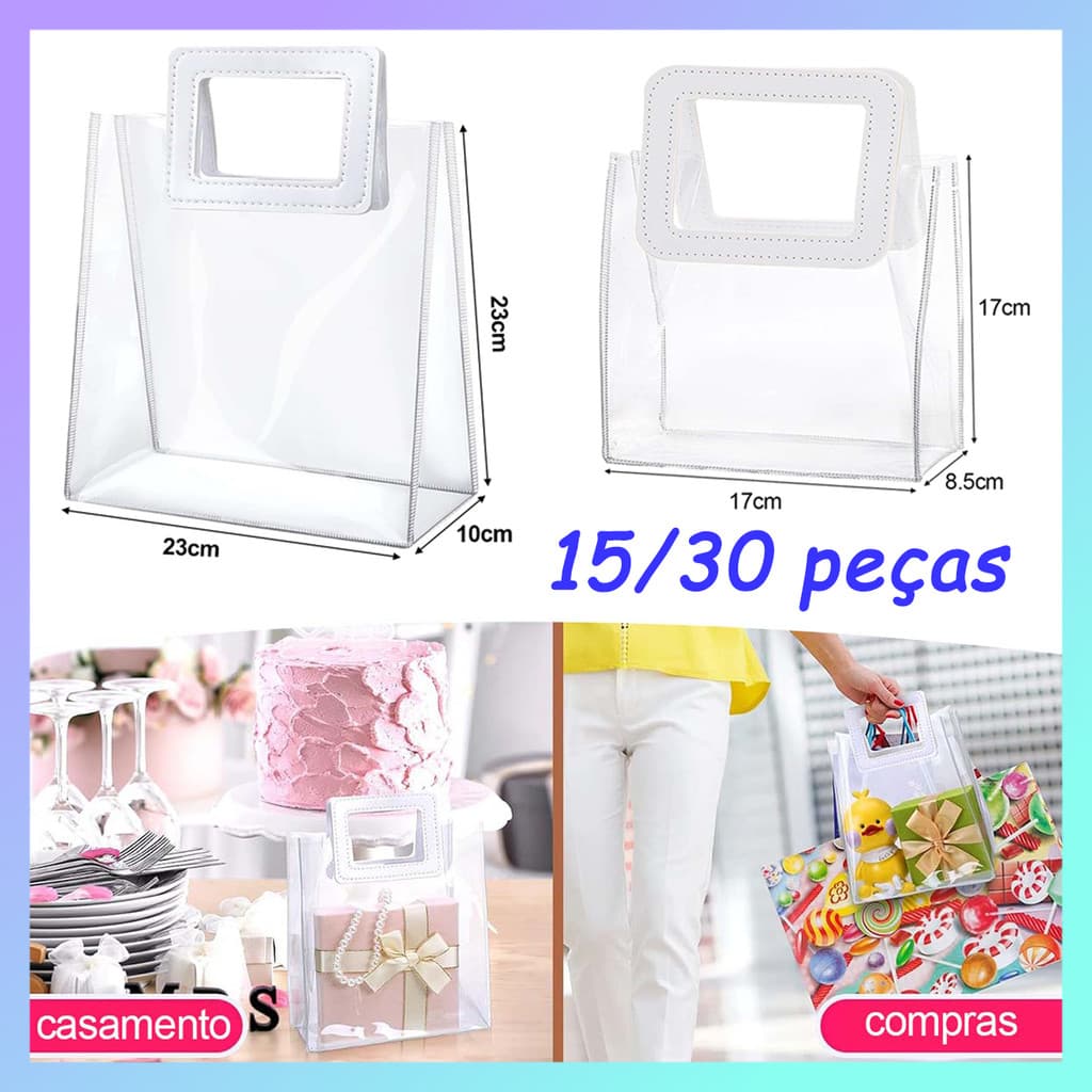 15/30 peças de sacola de Presente Portátil Transparente, sacola de presente em PVC com alça quadrada, reutilizável