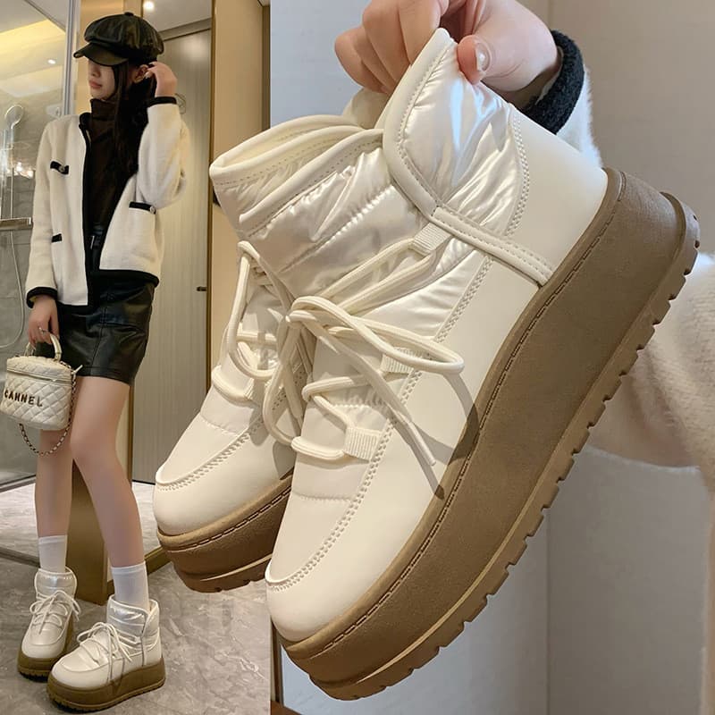 Botas de neve de cano alto forradas de lã 2025, calçados femininos quentes e casuais de algodão OA17