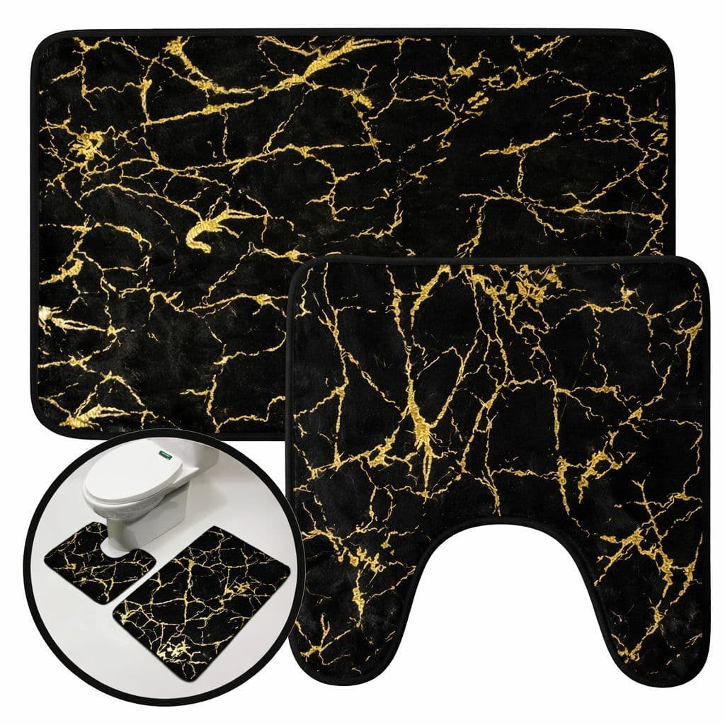 Kit 2 Tapetes Banheiro Luxo Marmorizado Antiderrapante Preto c/Dourado, Marmore Ouro e Cinza C/Dourado