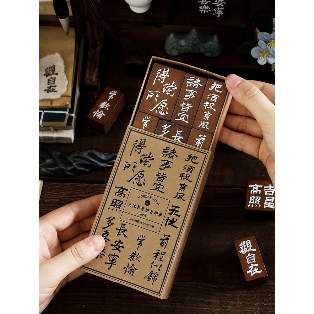 Manual de texto antigo, combinação de leque de laca, estilo chinês, caligrafia de madeira, decoração, selo de lazer