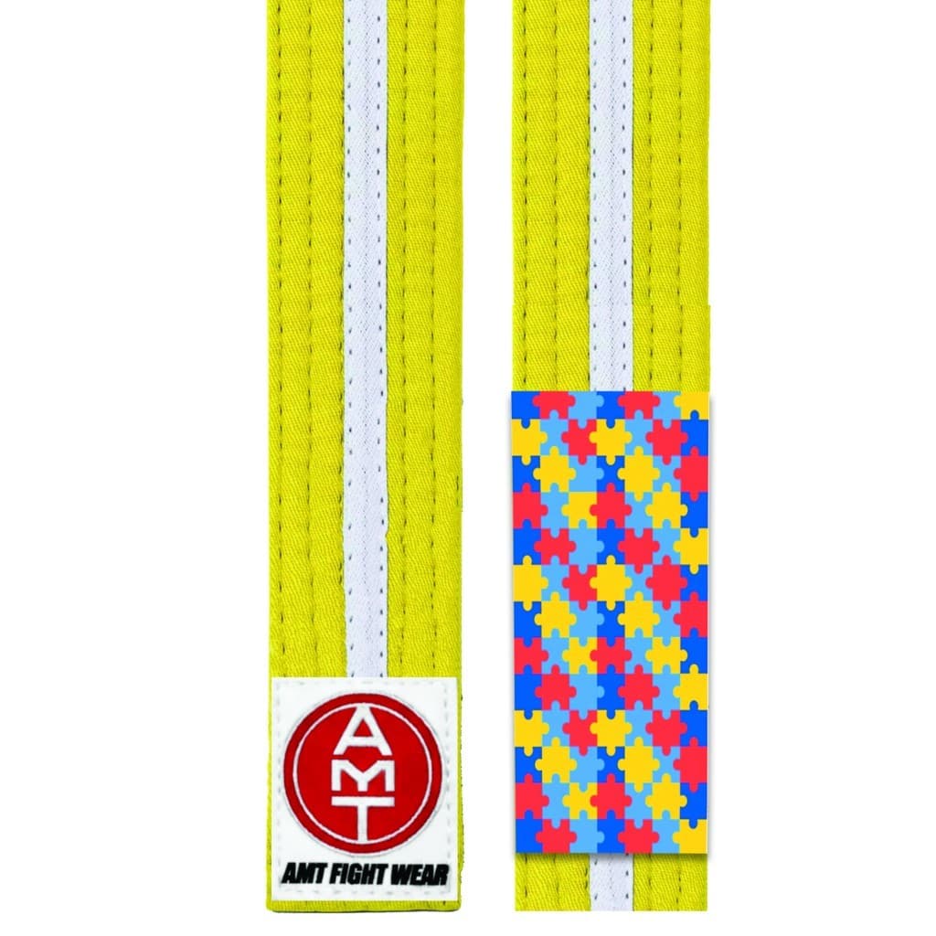 FAIXA DE JIU-JITSU AMARELA COM BRANCO PONTEIRA AUTISMO - LINHA TRAINING