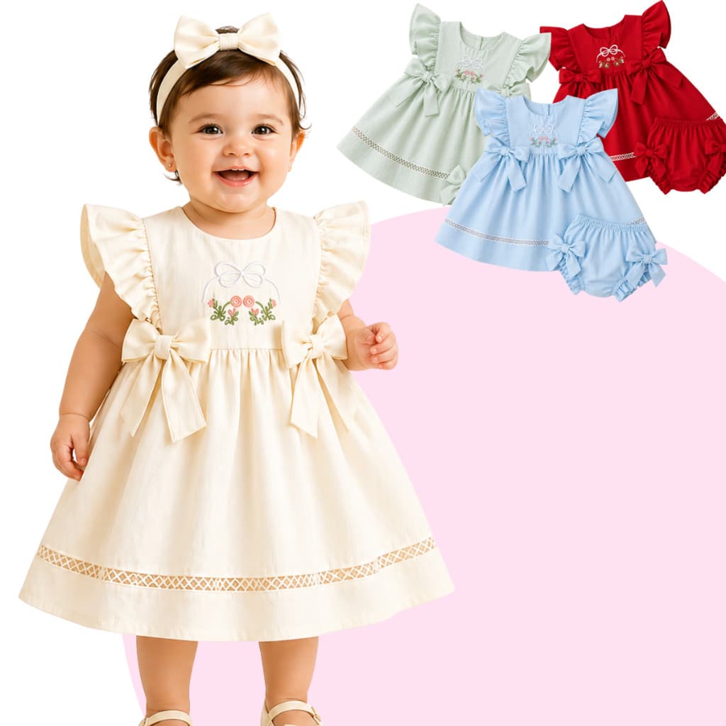 Vestido Infantil Bebê Bordado com Laços + Calcinha Conjunto Luxo Bebe Kit Vestido Calcinha Babys