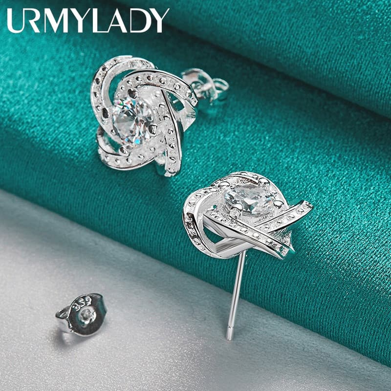 URMYLADY 925 Prata Esterlina Brinco De Quatro Folhas De Zircônio Um Par De Brincos De Tarraxa Para Mulheres Noivado De C