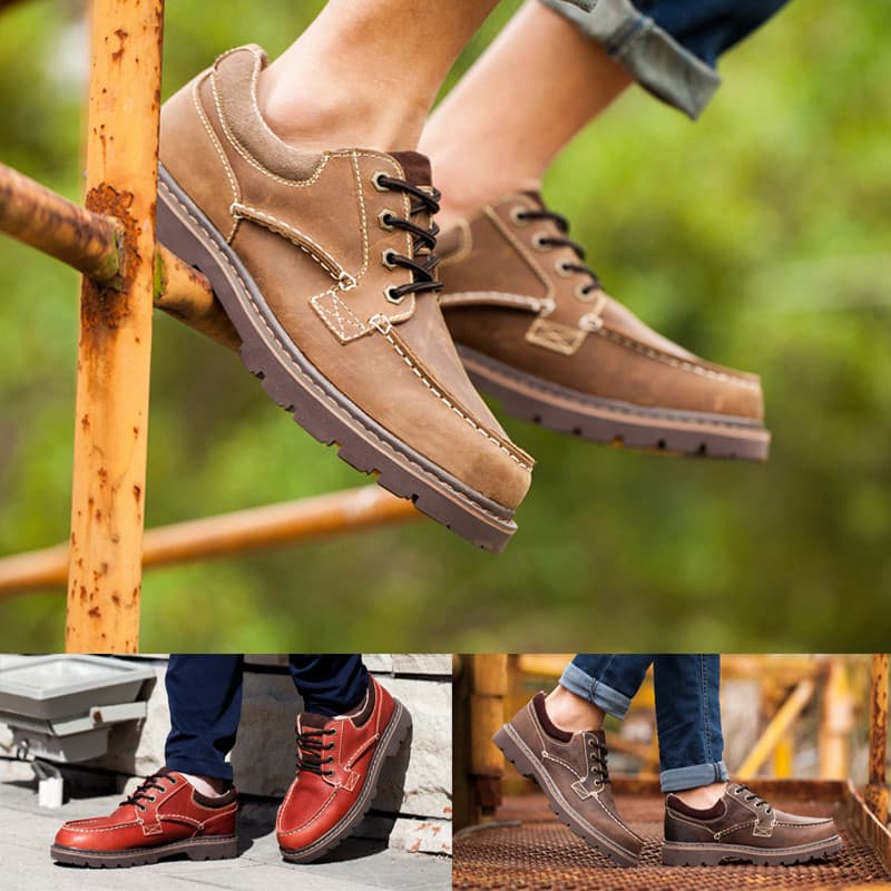 Camada superior de couro sapatos casuais masculinos respirável macacão baixo-topo sapatos de dedo grande ao ar livre na