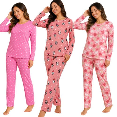 Kit 3 Pijama longo Suede Feminino Adulto Promoção Estampado