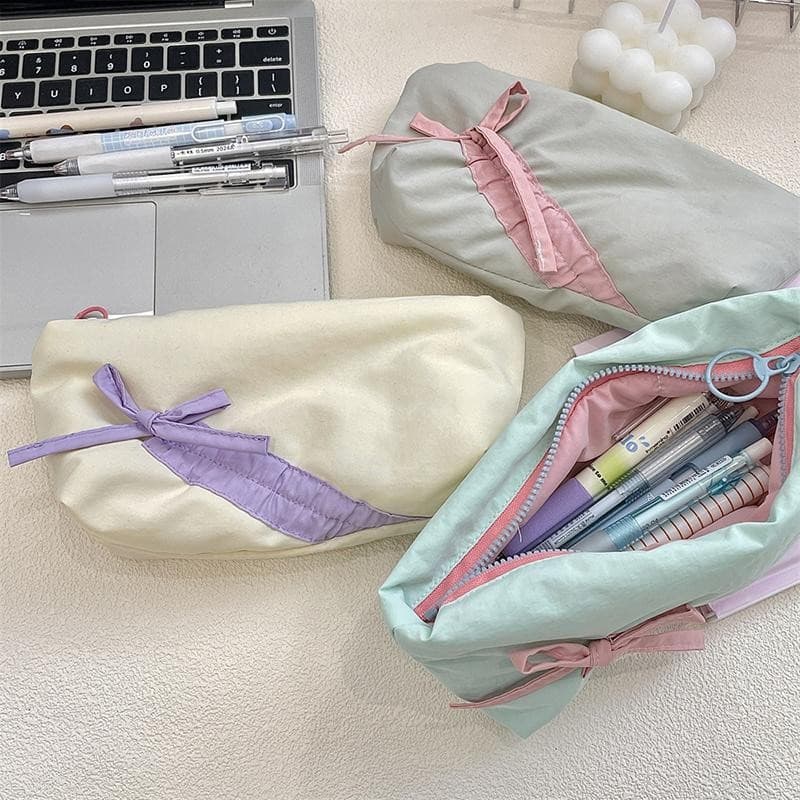 [largeloohg] Estojo De Lápis De Tecido Simples Estilo Ins Bowknot Bolsa De Maquiagem Armazenamento De Grande Capacidade