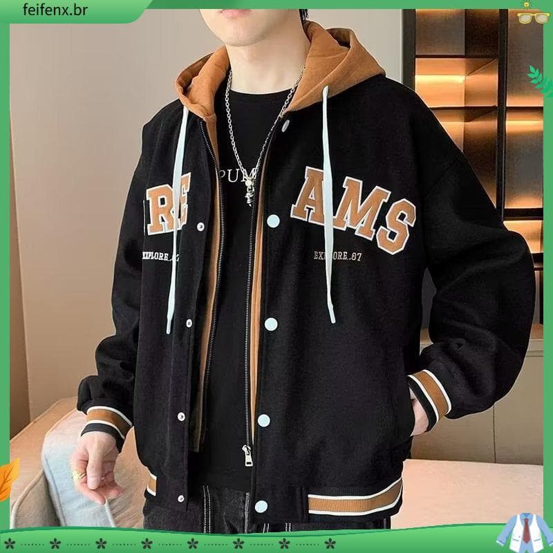 Jaqueta falsa de duas peças masculina 3 cores M-2XL bordado com capuz agasalhos casal esportes uniforme de beisebol Casu