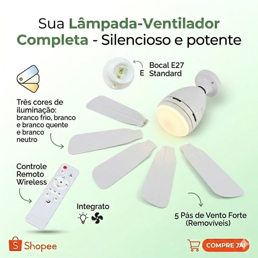 Ventilador de Teto 5 Pás com Luz E27 Bivolt Controle Remoto Silencioso Quarto Sala Escritório