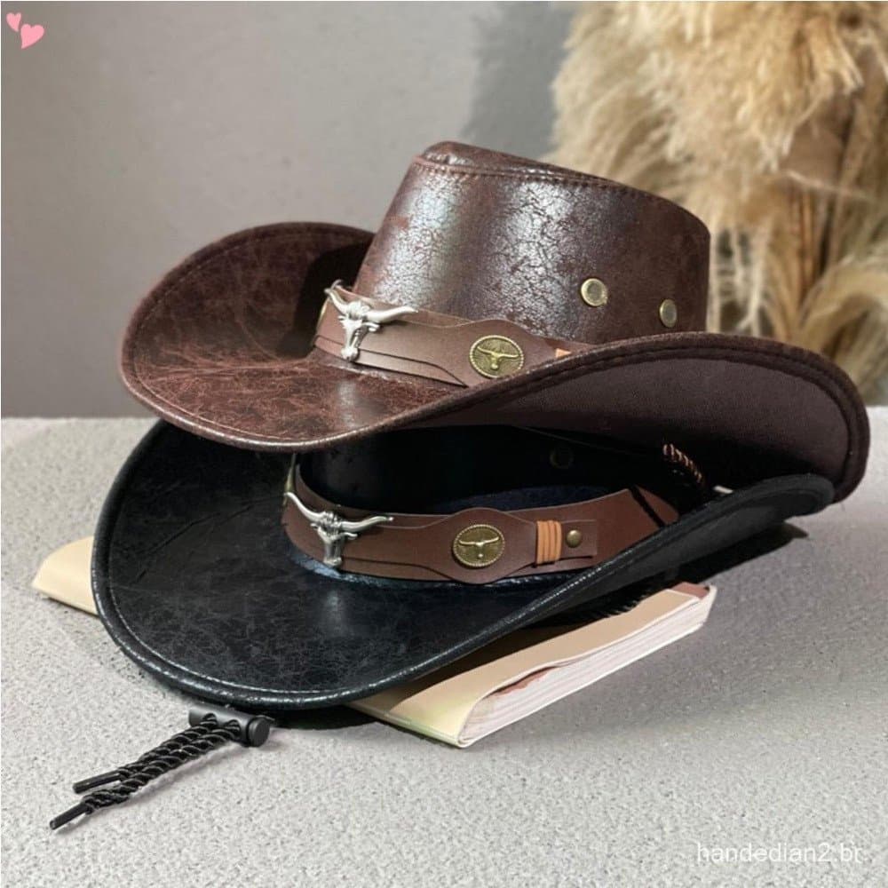 Mulher Homem Chapéu De Couro Ocidental Cowboy Aba Larga Com Cordão