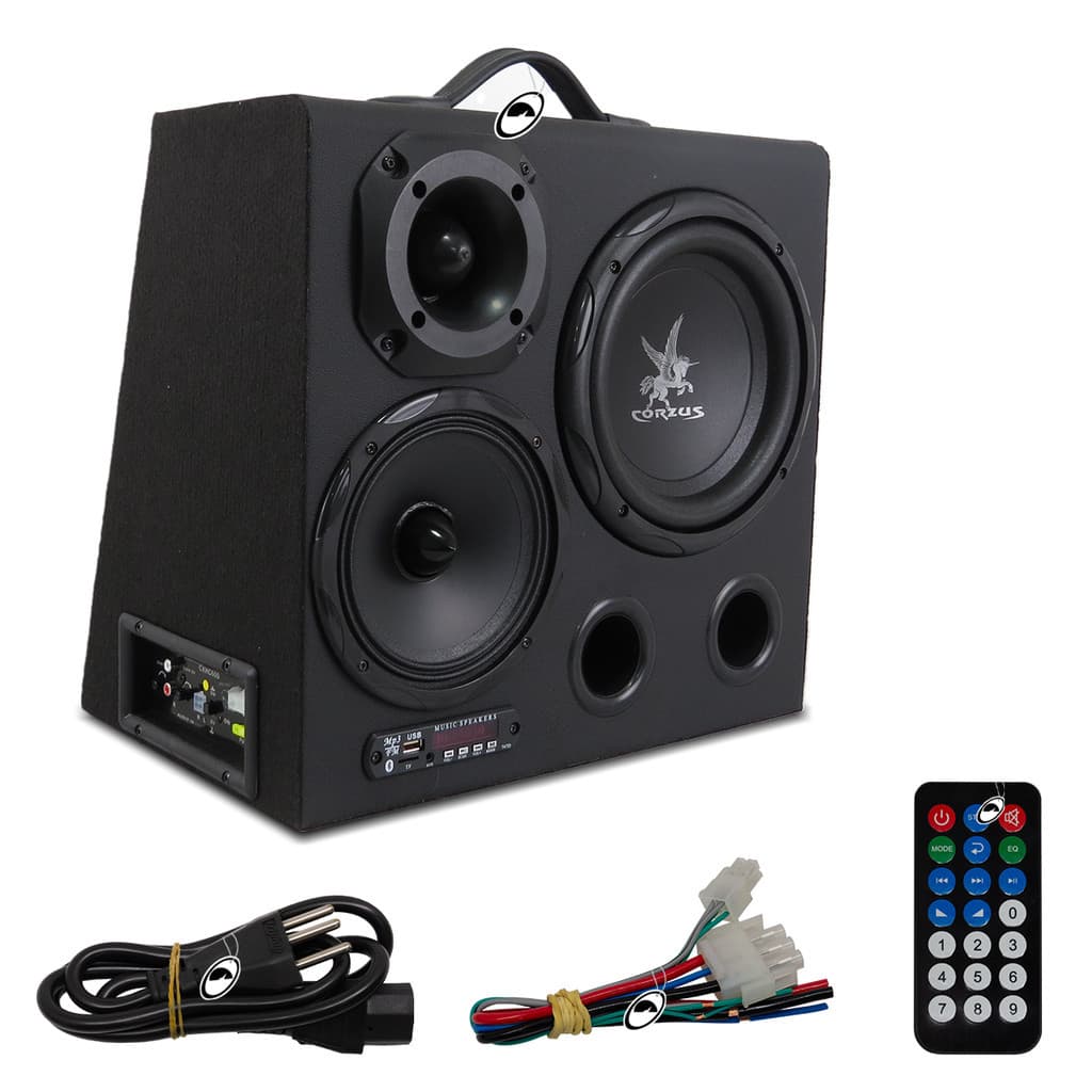 Caixa Amplificada Mini Trio CH H600 8" 350W RMS 110/220W e 12V Bluetooth Corzus