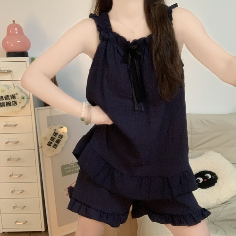 [Uma peça com almofada no peito] Pijamas estilo coreano femininos Shorts com suspensórios de verão podem usar fora colet