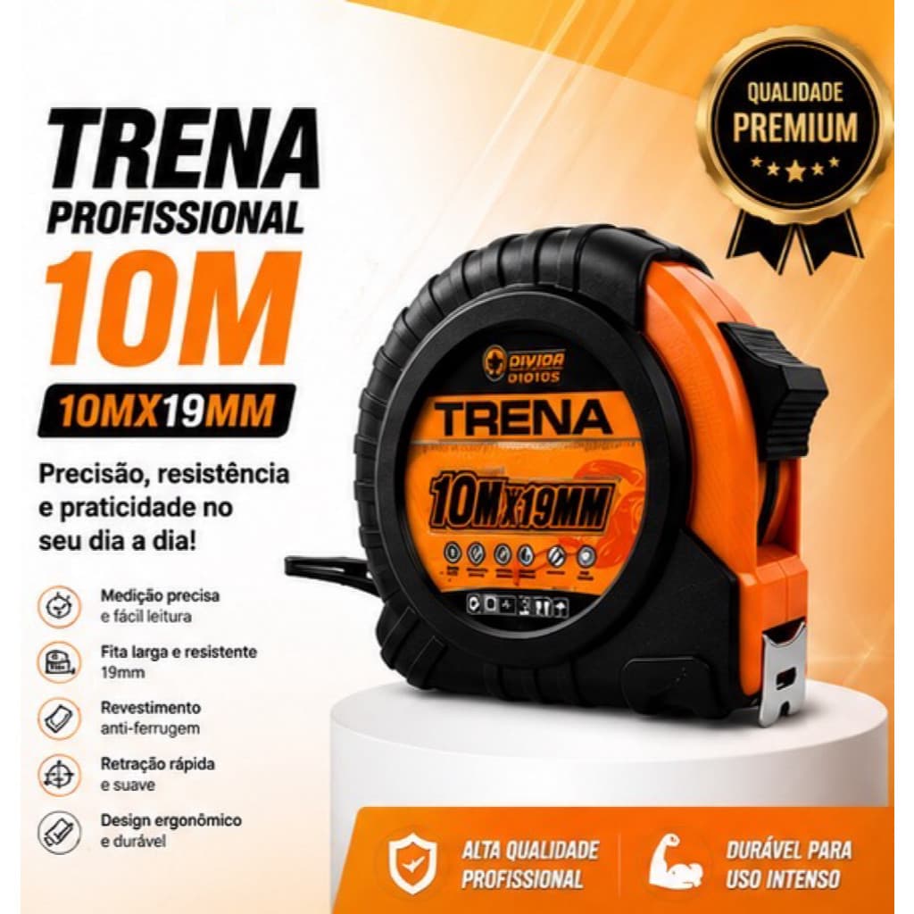 Trena Profissional 5m e 10m Emborrachada Com Trava Fita Aço Carbono Reforçada Alta Precisão Resistente e Durável