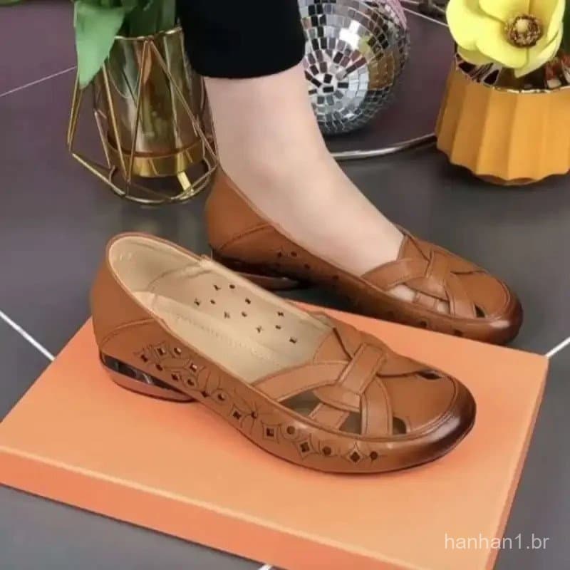Sandálias De Couro Macio Com Bico Redondo Retrô , Salto Baixo , Sola Macia , Estilo Étnico , Sapatos Semi-Abertos Para M