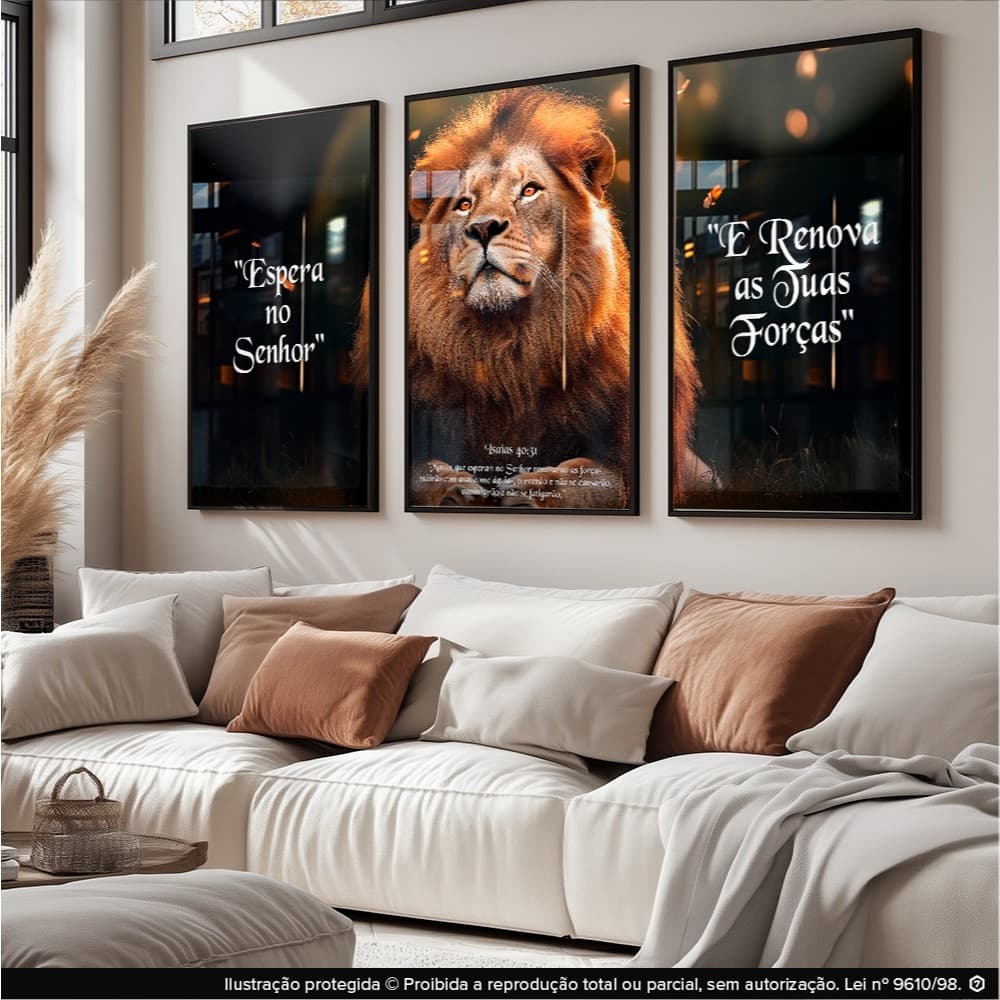 Quadro Decorativo Trio Religioso Espera No Senhor Isaías 40:29 Frase Motivacional Leão Sala Quarto Escritório
