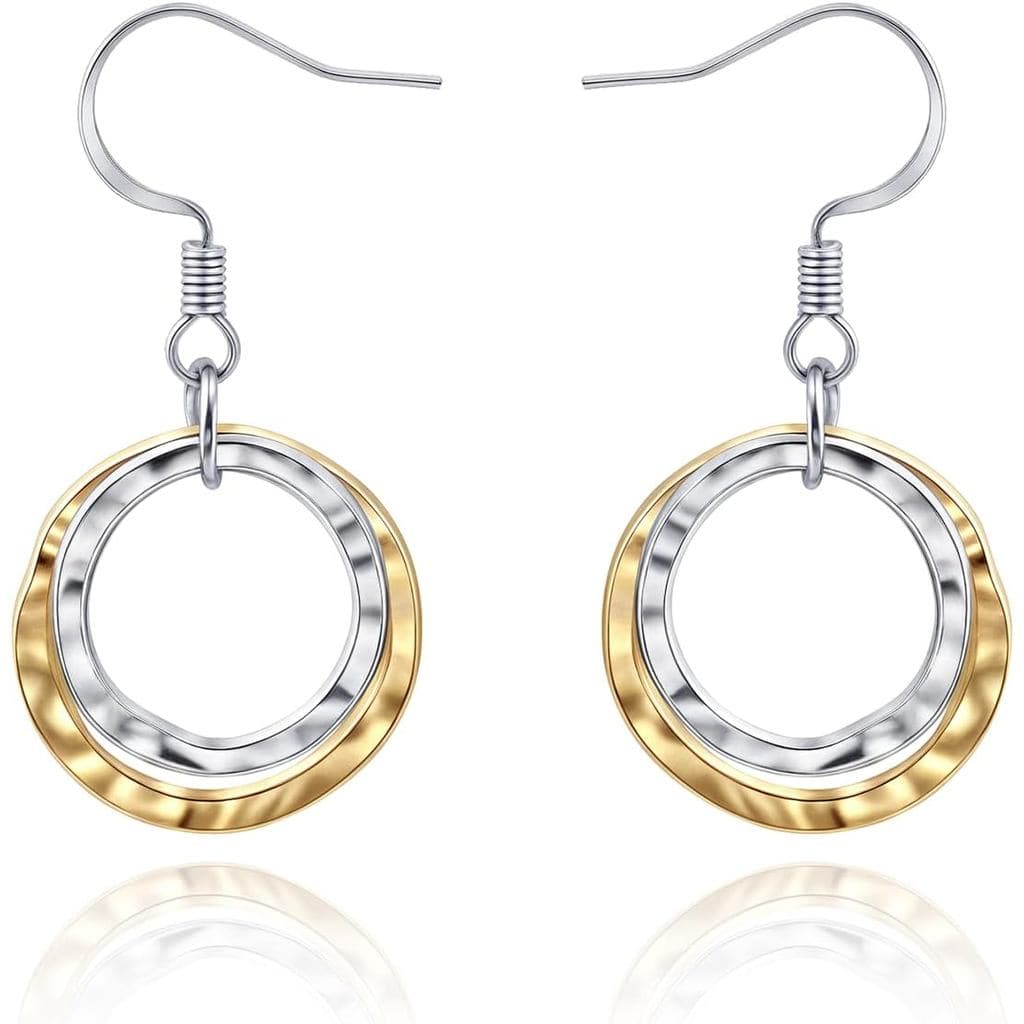 Brincos Pequenos de Círculo Bicolor e Pendentes, Geométricos, Banhados a Ouro 14K e em Metal Misto Prateado, Estilo Boho