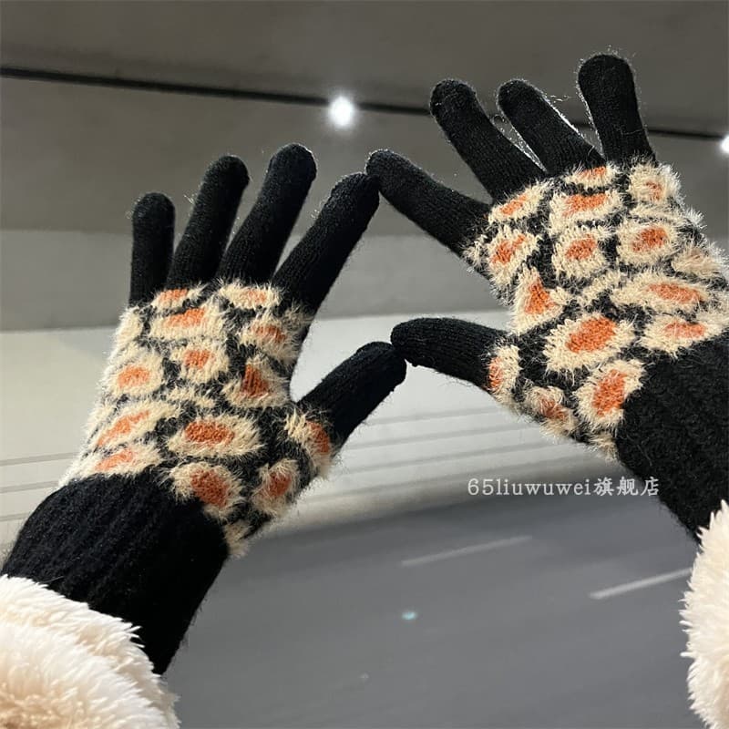 Ins luvas de impressão de leopardo feminino inverno bonito equitação mantendo quente à prova de frio forro de lã engross