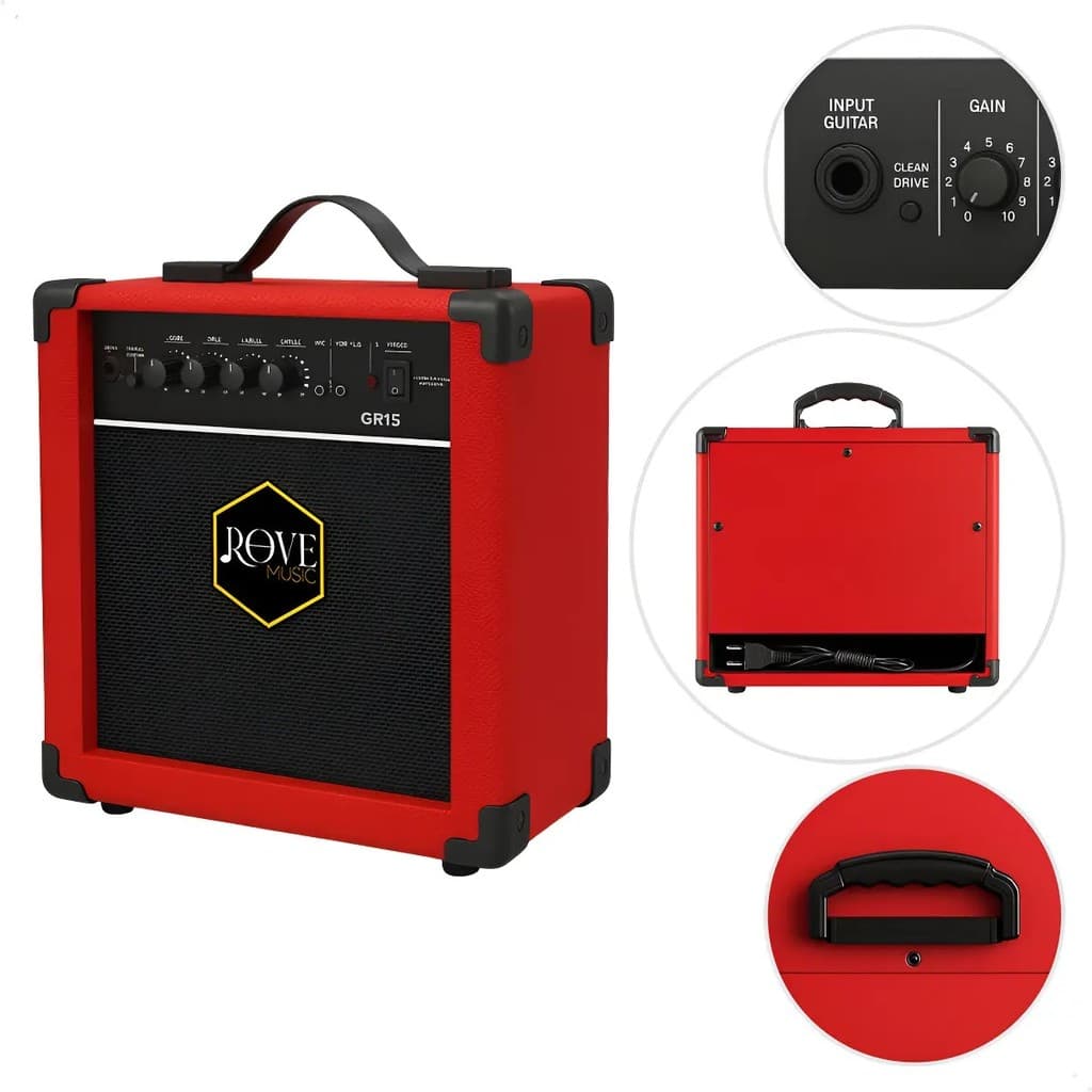 Kit Amplificador Guitarra Rove Music Gr15 Vermelho + Cabo Vermelho 127/220v