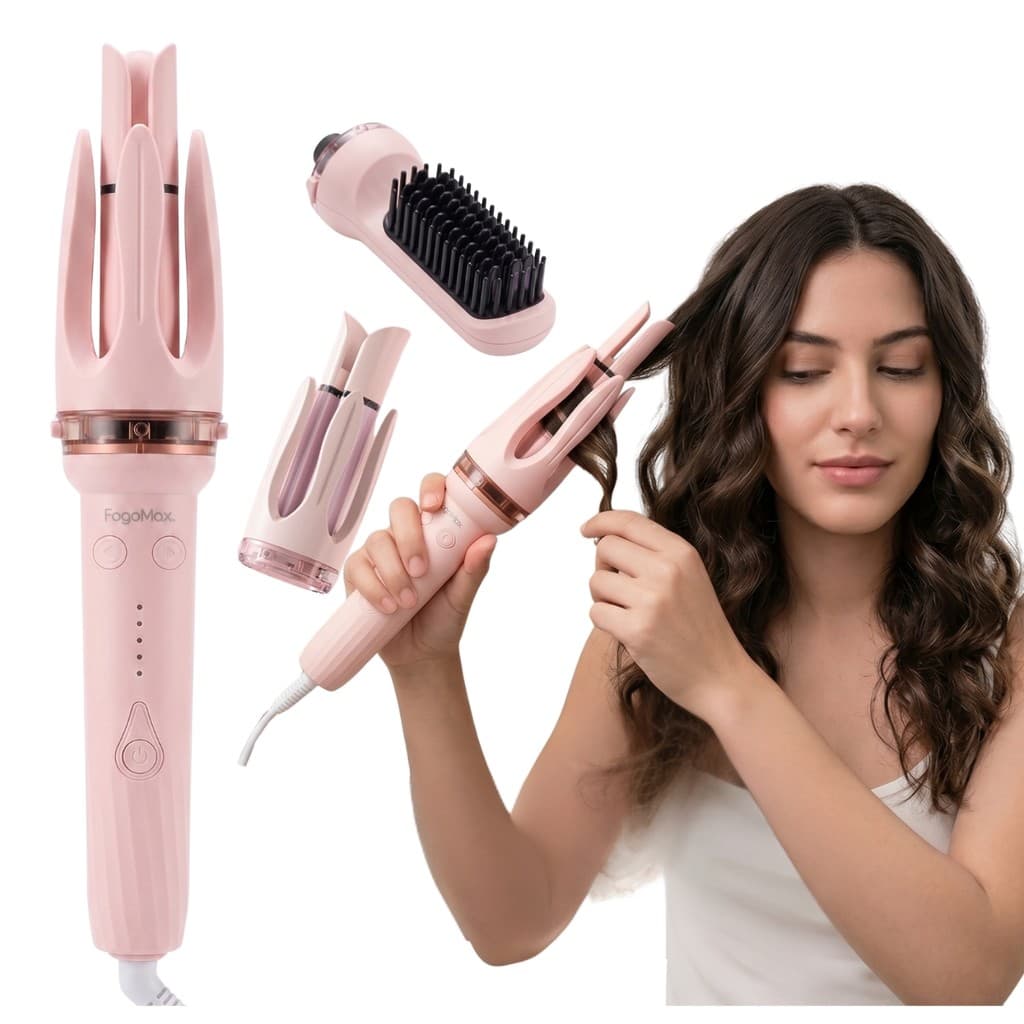 Kit 3 em 1 Modelador de Cachos Profissional Rotação Bidirecional Bivolt Cerâmica Queratina Anti-frizz C/ Escova Íônica