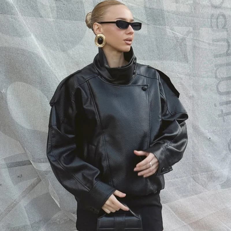 Jaqueta Feminina Preto De Couro Do Plutônio Manga Longa Topo Feminino Outono 2025 Novo Em Jaquetas & Casacos Rua Zip-Up