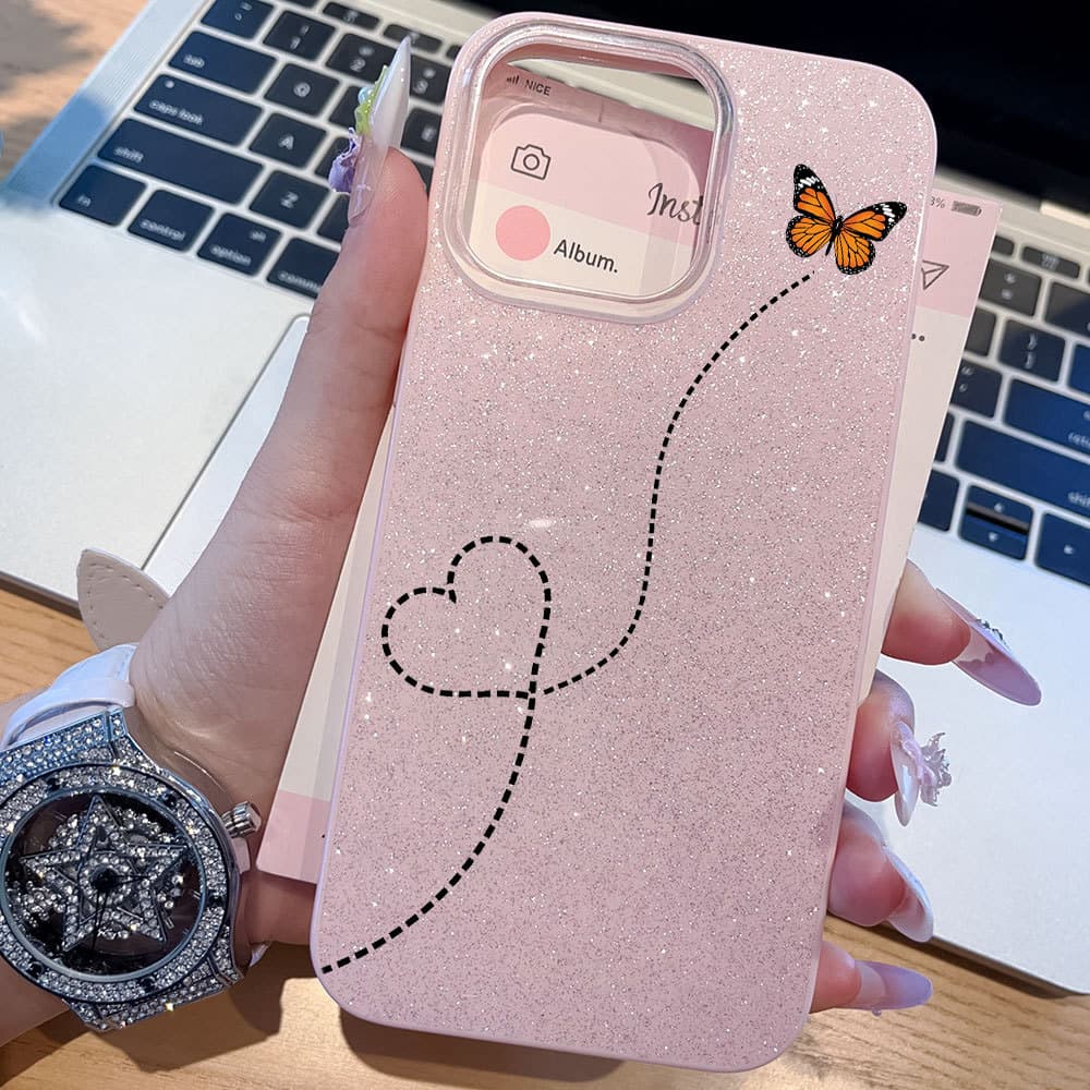 Amoroso Borboleta Capa Capinha Para IPhone 13 11 12 14 15 16 17 XR Normal Pro Max Luxo Glitter À Prova De Choque Silicon