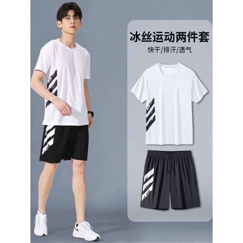 Terno esportivo masculino verão correndo camiseta de seda gelo roupas de secagem rápida Shorts de manga curta treinament