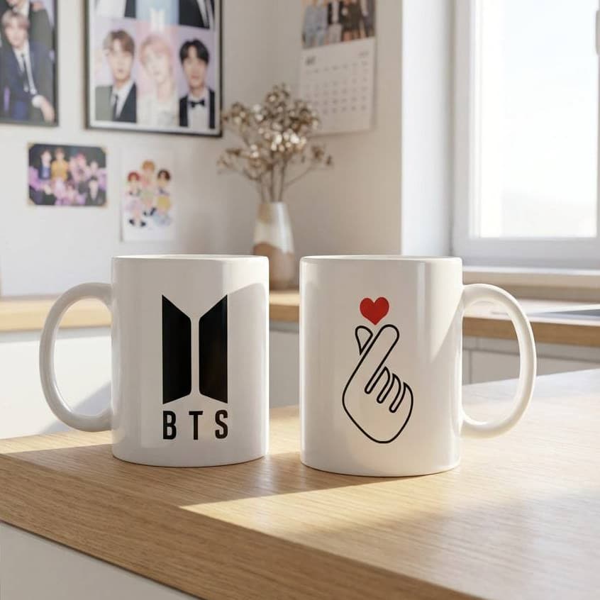 Caneca Grupo Kpop Bts Logo e Coração Coreano