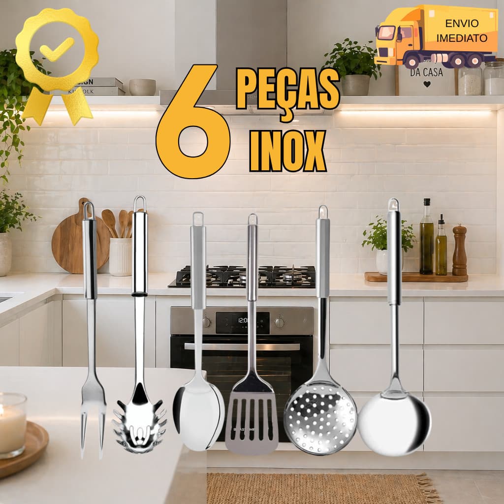 KIT 6 UTENSILIOS INOX - CONCHA, GARFO TRINCHANTE E MUITO MAIS