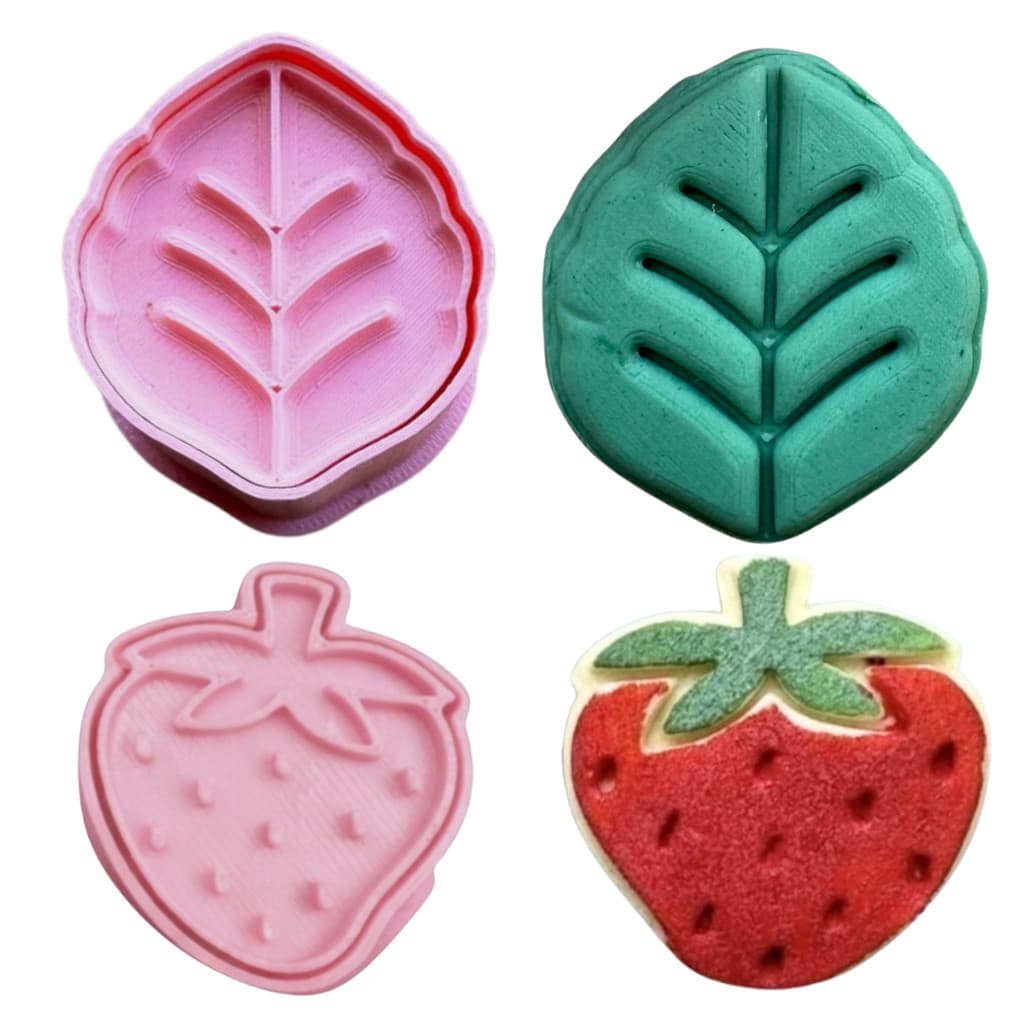 Kit 2 Modeladores Ejetores Morango e Folha para Brigadeiro, Doce, Docinhos, Confeitaria - 4 Peças