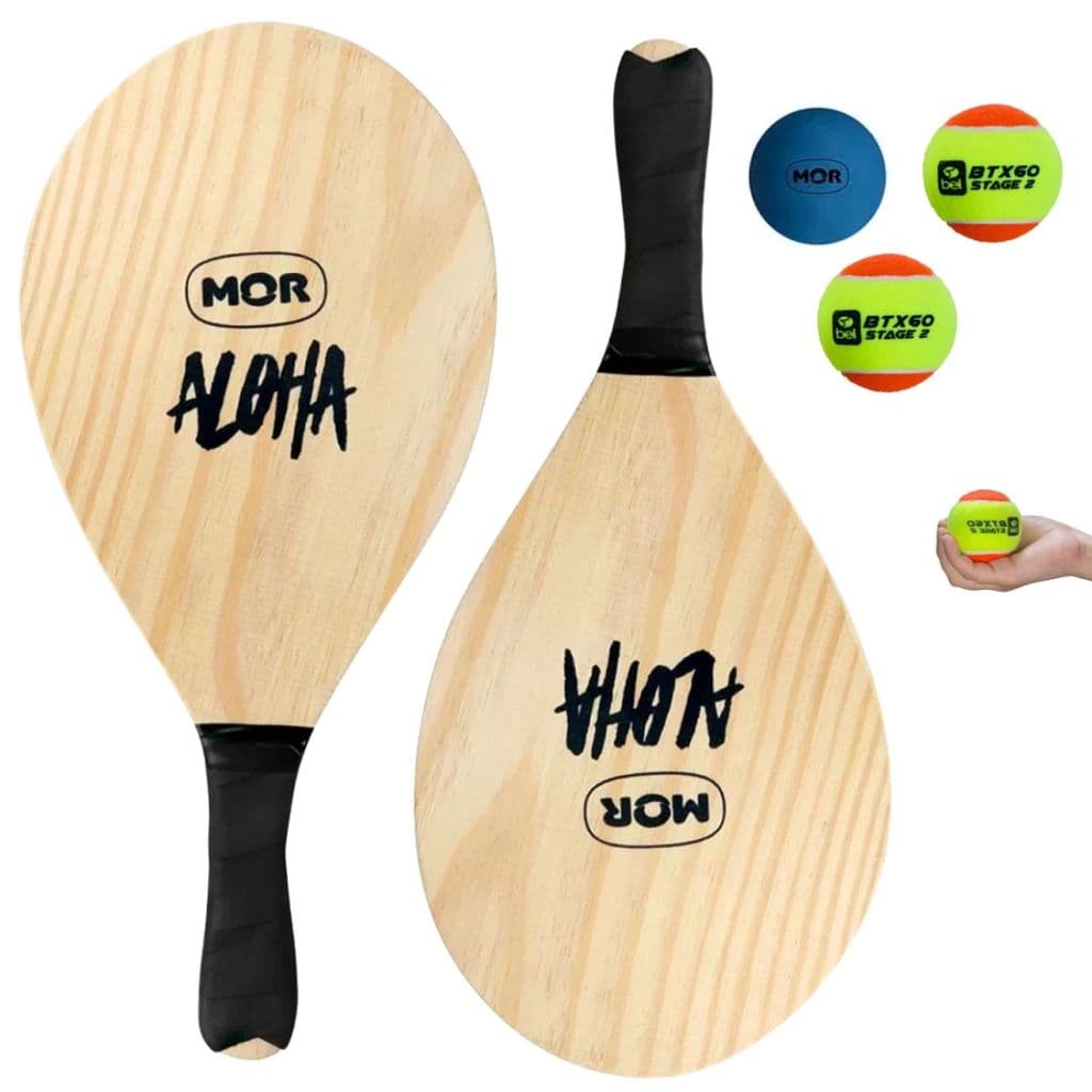 Kit 2 Raquetes Frescobol em Madeira Aloha com Bolinha de Borracha + 2 Bolinhas Beach Tennis