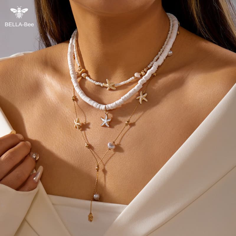 BELLA-Bee Elegante Pérola Concha Estrela Do Mar Em Camadas Colar Boho Frisado Gargantilha Forma De Y Moda Verão Praia Fé