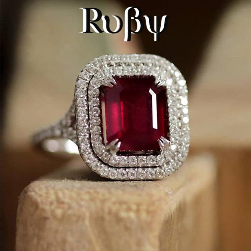 Rubi * novo estilo piscando diamante quadrado princesa anel feminino europeu americano moda senhoras proposta de noivado