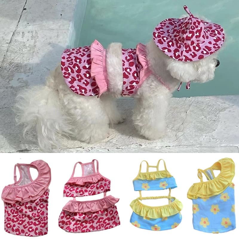 Conjunto De Chapéu De Fato De Banho De Cachorro Fofo De Verão Para Cães Pequenos Roupas De Bikini Skirt De Boné De Praia