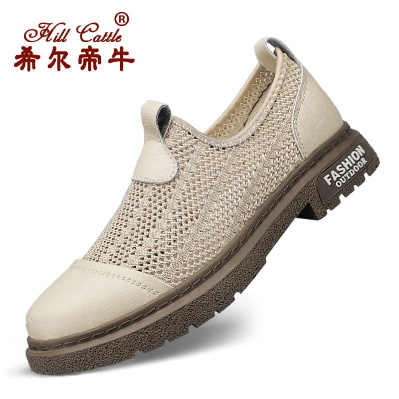Sapatos de couro de malha respirável masculino verão macacão sapatos de couro genuíno sapatos de dedo grande um Pedal vo