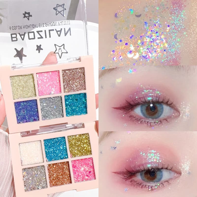 BAOZILAN seis cores lantejoulas sombra Glitter palco maquiagem lantejoulas brilhantes pequeno fino diamante paleta de so