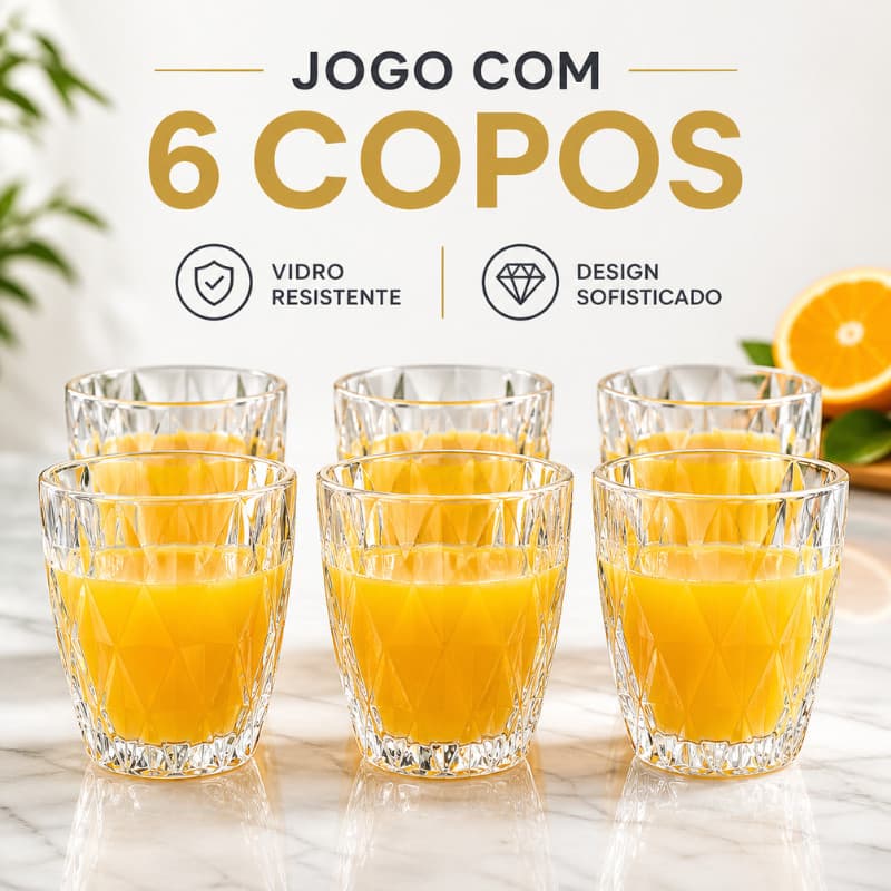 Jogo de 6 Copos de Vidro 275ml Copo Diamante Copo para Suco Água Drink Resistente |CPBX069| Oferta
